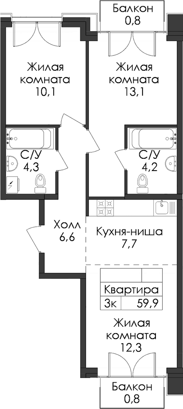 2-комнатная квартира 59.9 м², 5/9 эт., ЖК «Лермонтовский 54»